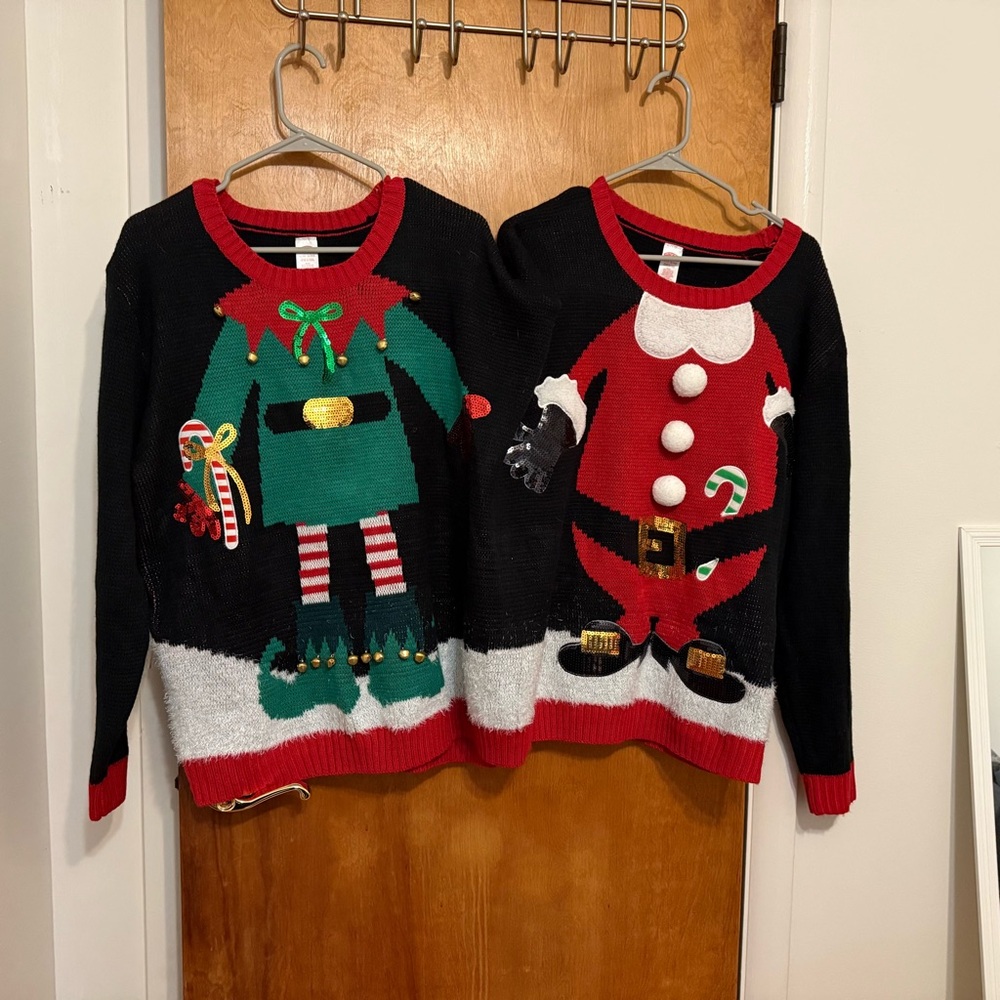 2-person FUN Party Christmas sweater Double Elf Santa Tacky Pals Ugly Sweater 🥇